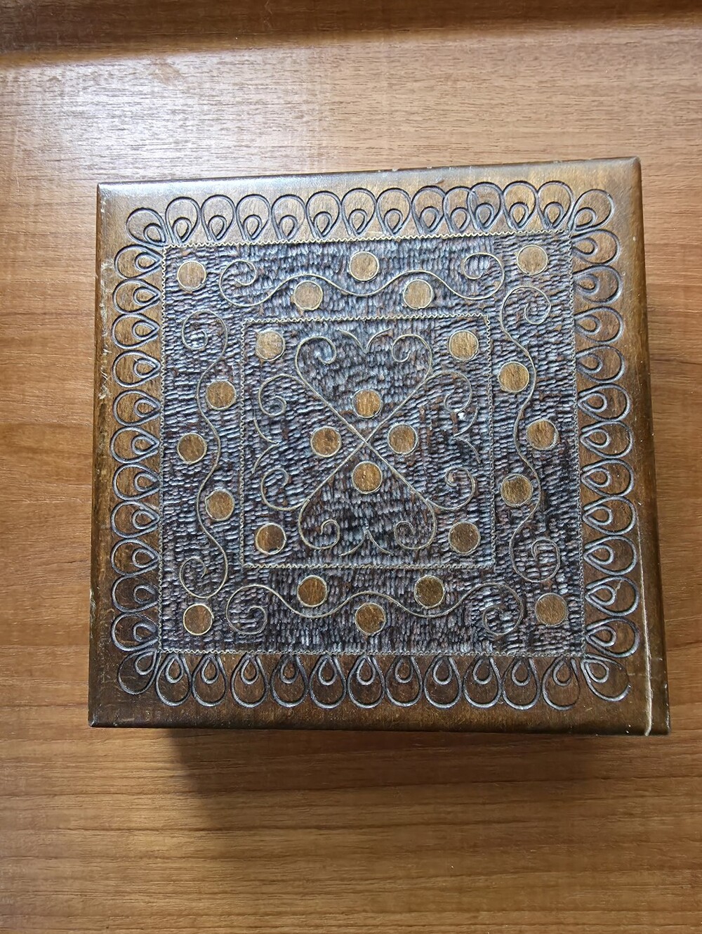 Etched Hand decorated wooden box. Handmade Square Lidded Box. Handcrafted Box